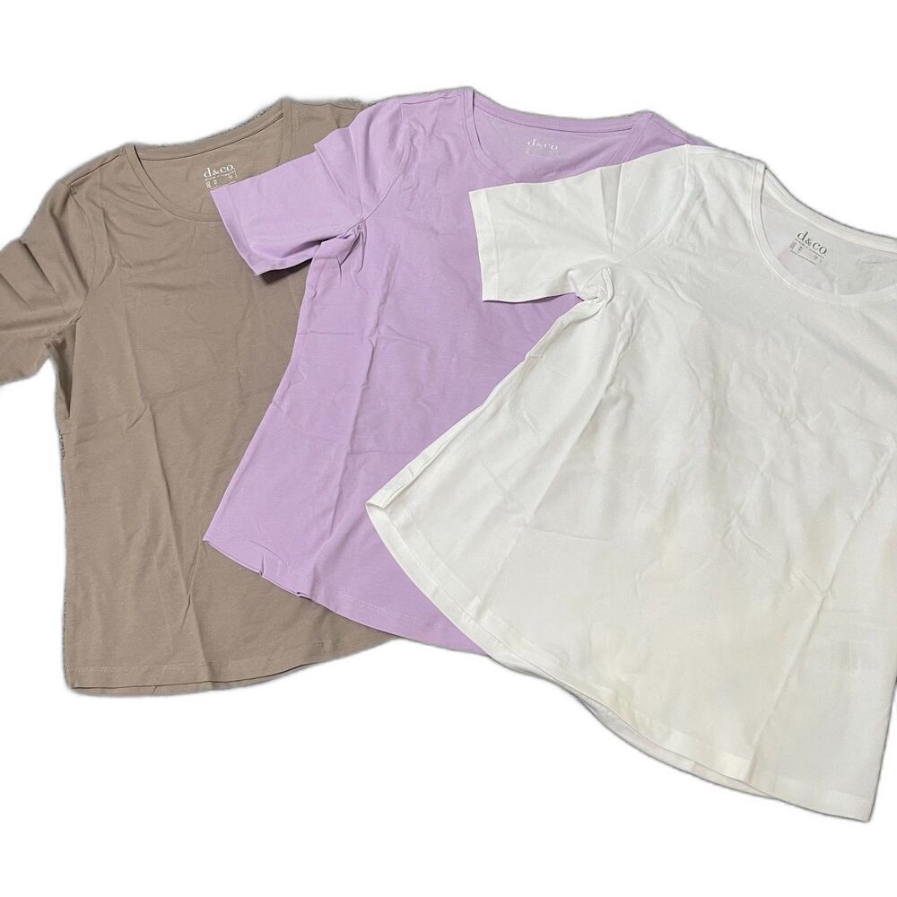 New Denim & Co. 3 Essentials AnyWear Short Sleeve Tops Brown, White, Purple M